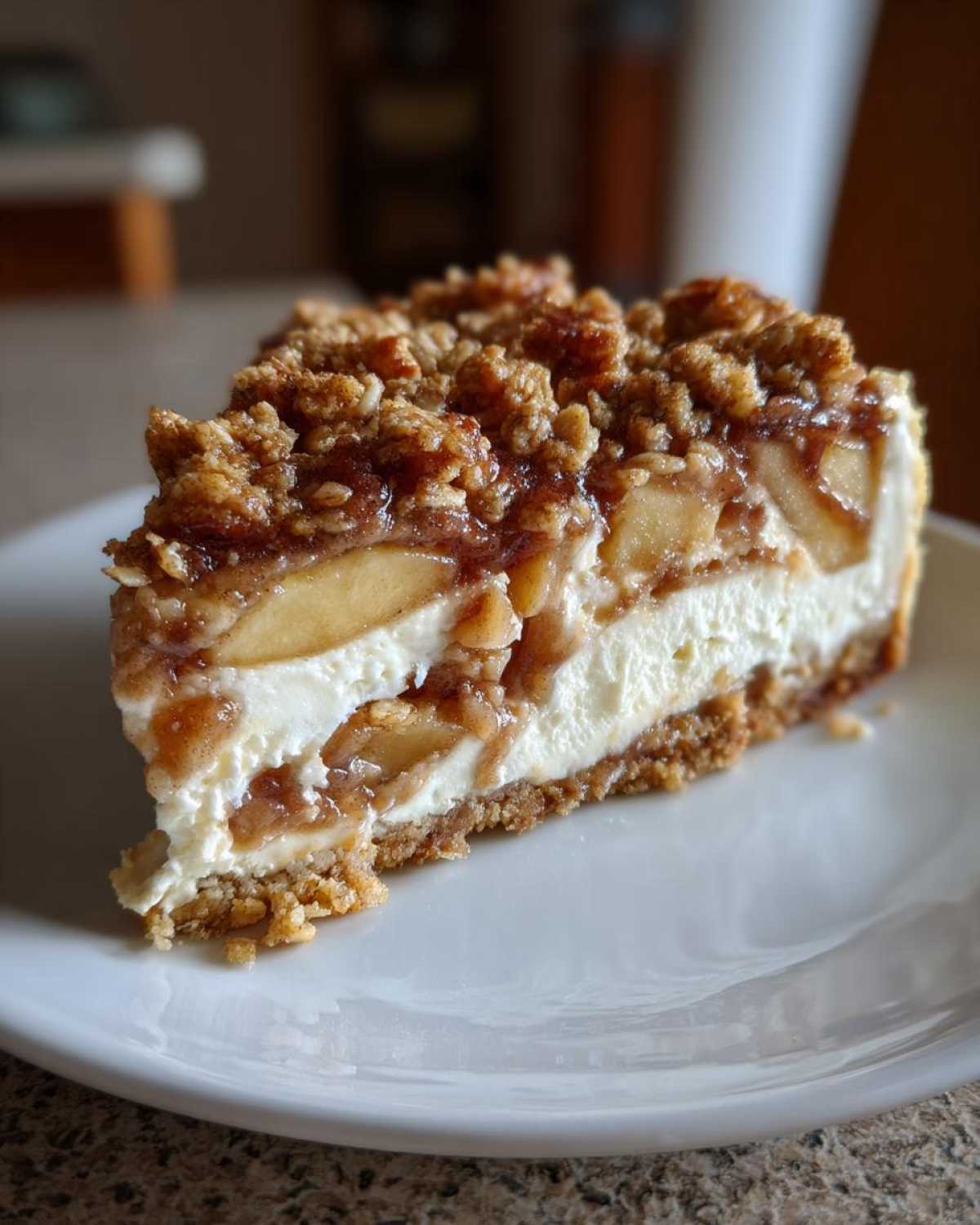 A delicious slice of apple crisp cheesecake with layers of creamy cheesecake, apple filling, and a crisp topping.