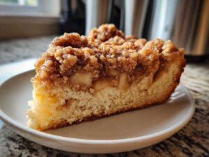 A slice of moist apple crumb cake with a generous topping of cinnamon streusel on a white plate.
