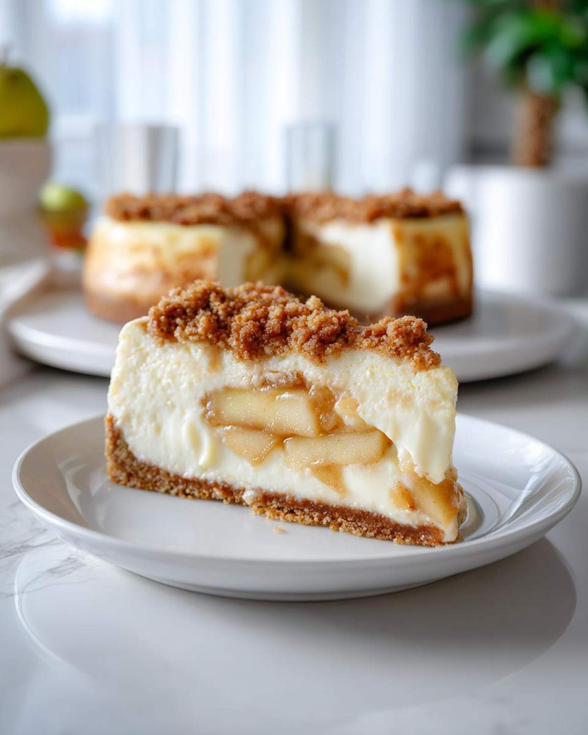 A slice of apple crumble cheesecake on a white plate, showcasing the layers of crust, apples, cheesecake, and crumble topping.