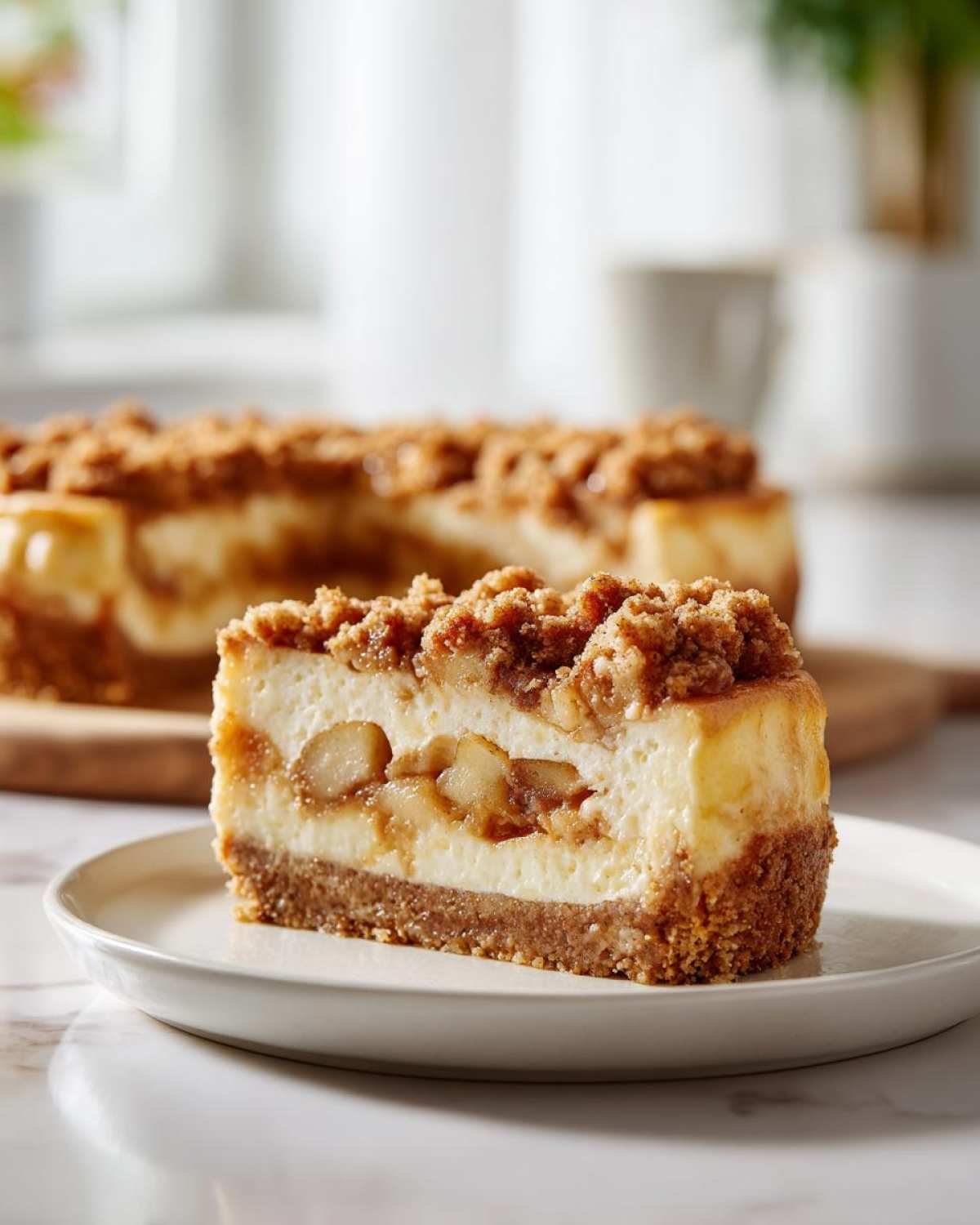A delicious slice of apple crumble cheesecake with a graham cracker crust and crumble topping.