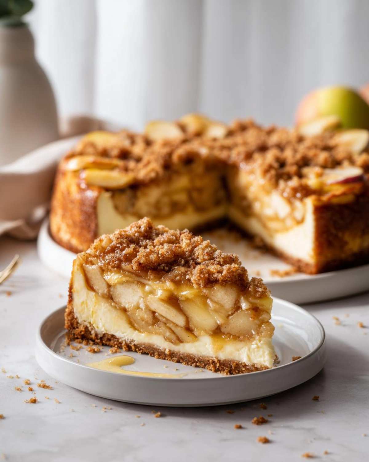 A delicious slice of apple crumble cheesecake on a plate, showcasing the layers of apples, crumble topping, and cheesecake.
