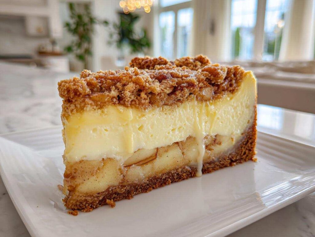 A delicious slice of apple crumble cheesecake with layers of apple, cheesecake filling, and a crumble topping.