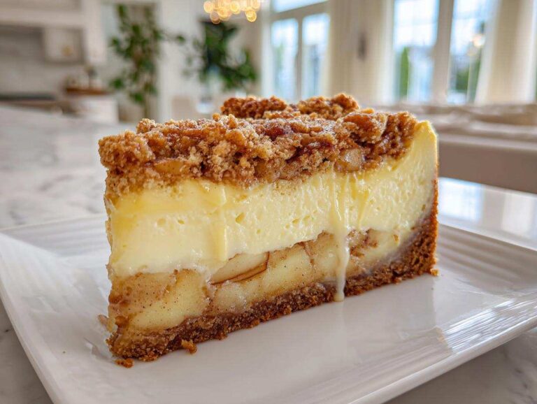 A delicious slice of apple crumble cheesecake with layers of apple, cheesecake filling, and a crumble topping.