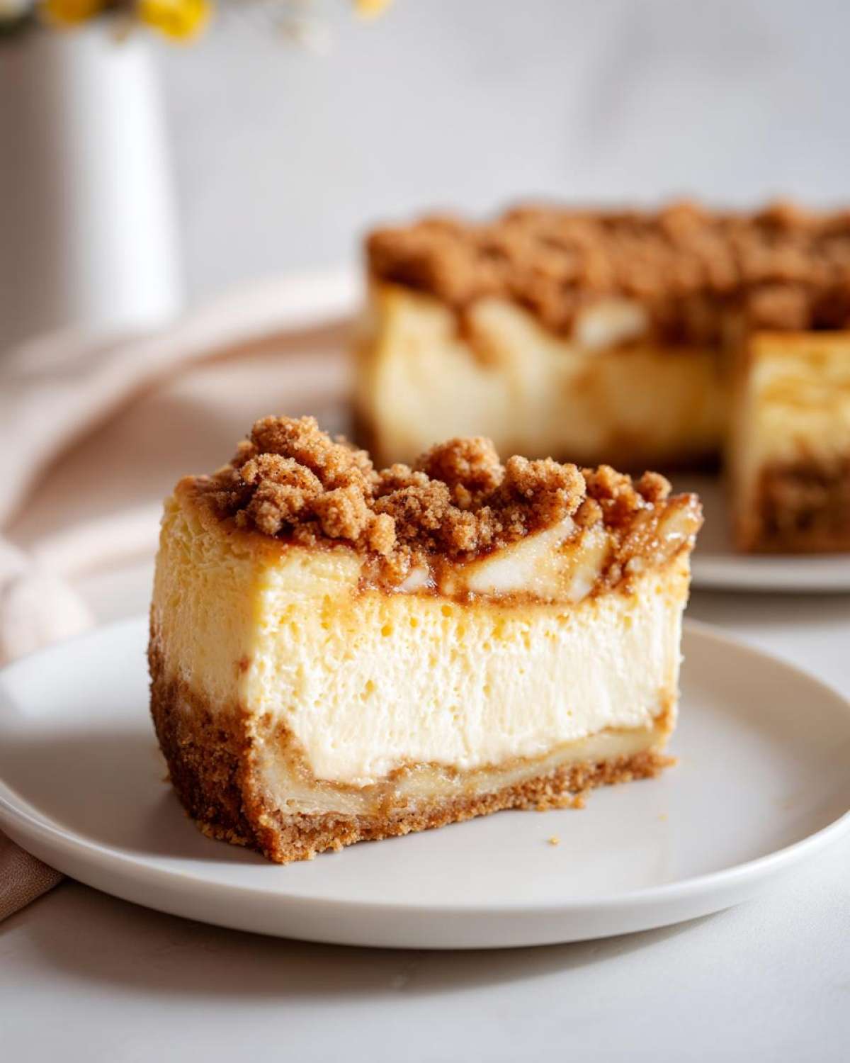 A delicious slice of apple crumble cheesecake with a crumbly topping on a white plate.