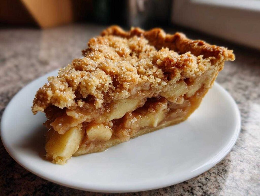 A delicious slice of apple crumble pie with a golden crust sits on a white plate.