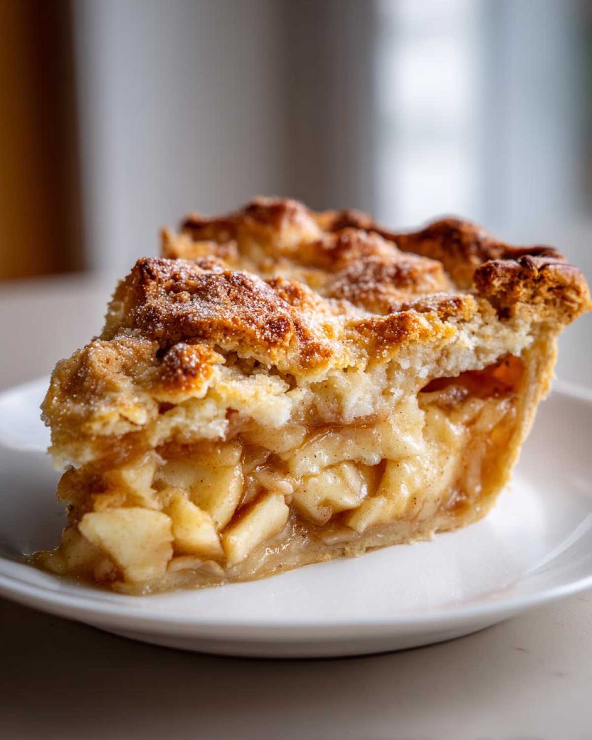 A delicious slice of apple crumble pie with a golden crust and visible apple filling.