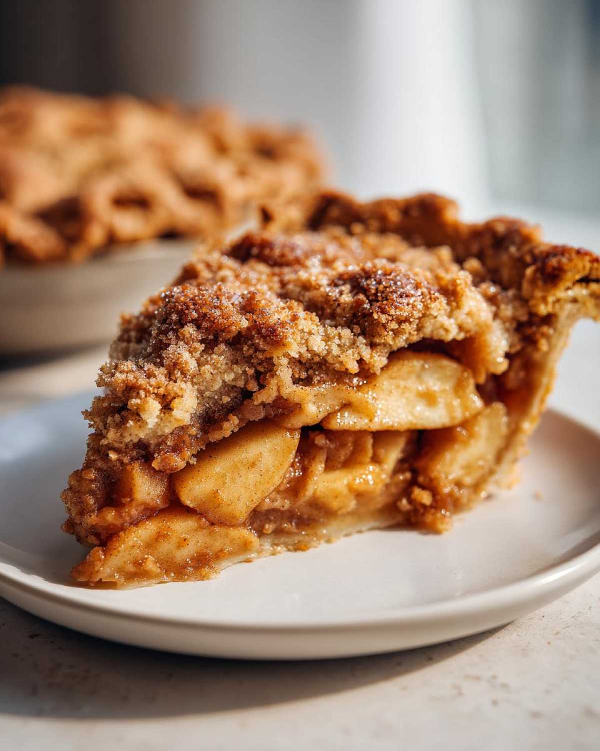 A delicious slice of apple crumble pie with a golden crust and apple filling on a white plate.