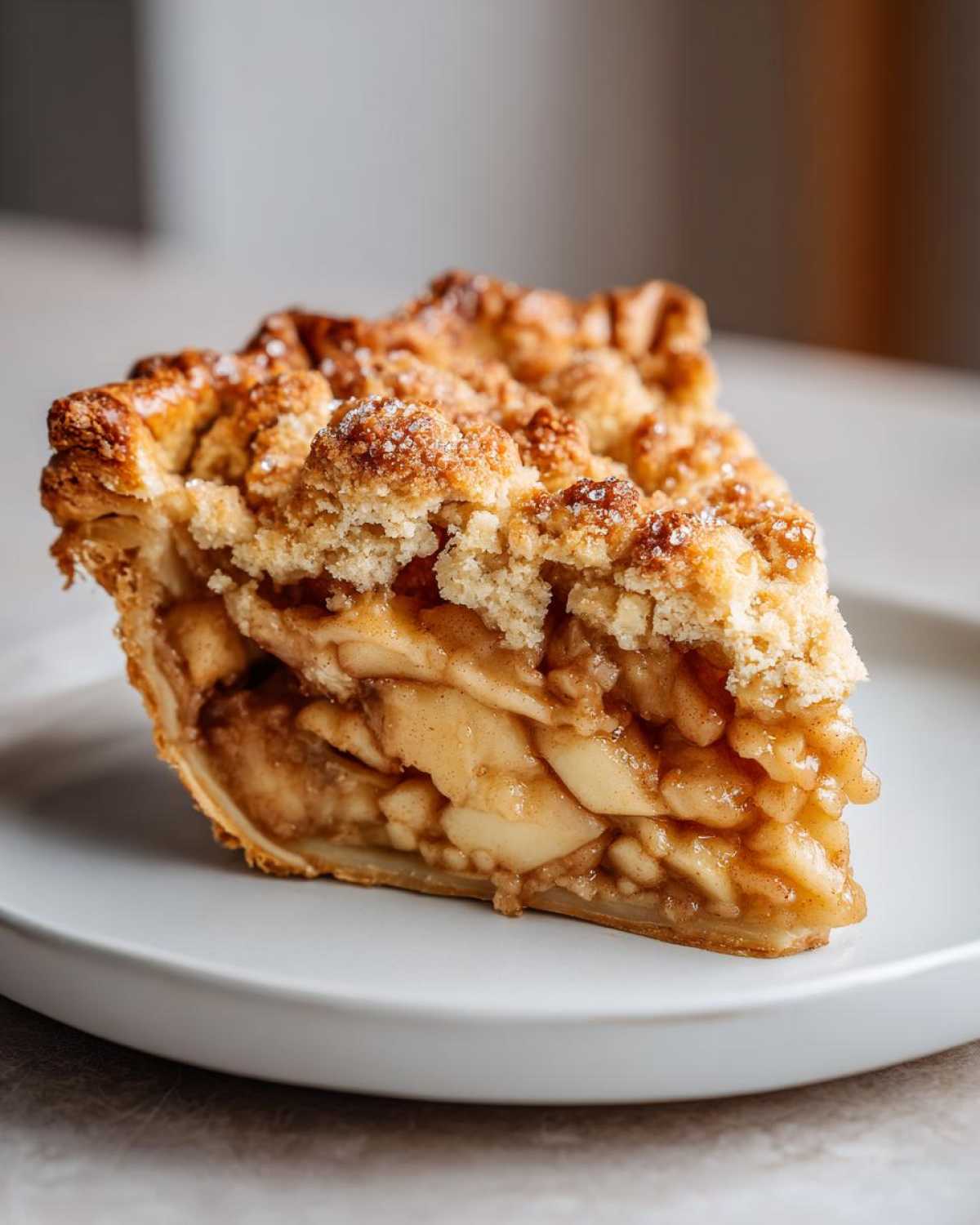 A delicious slice of apple crumble pie with a golden crust and apple filling on a white plate.