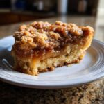 A slice of apple pie dump cake crock pot dessert on a white plate, showcasing the apple filling and crumbly topping.