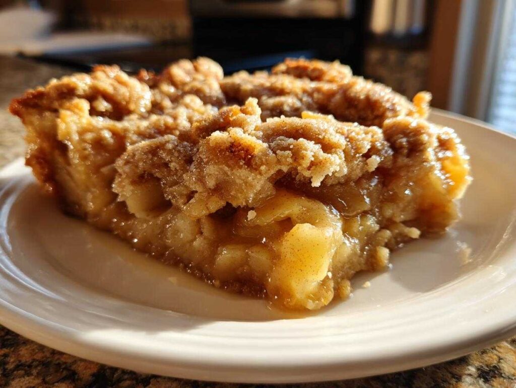 A slice of apple pie dump cake crock pot dessert on a white plate, featuring a golden crust and apple filling.