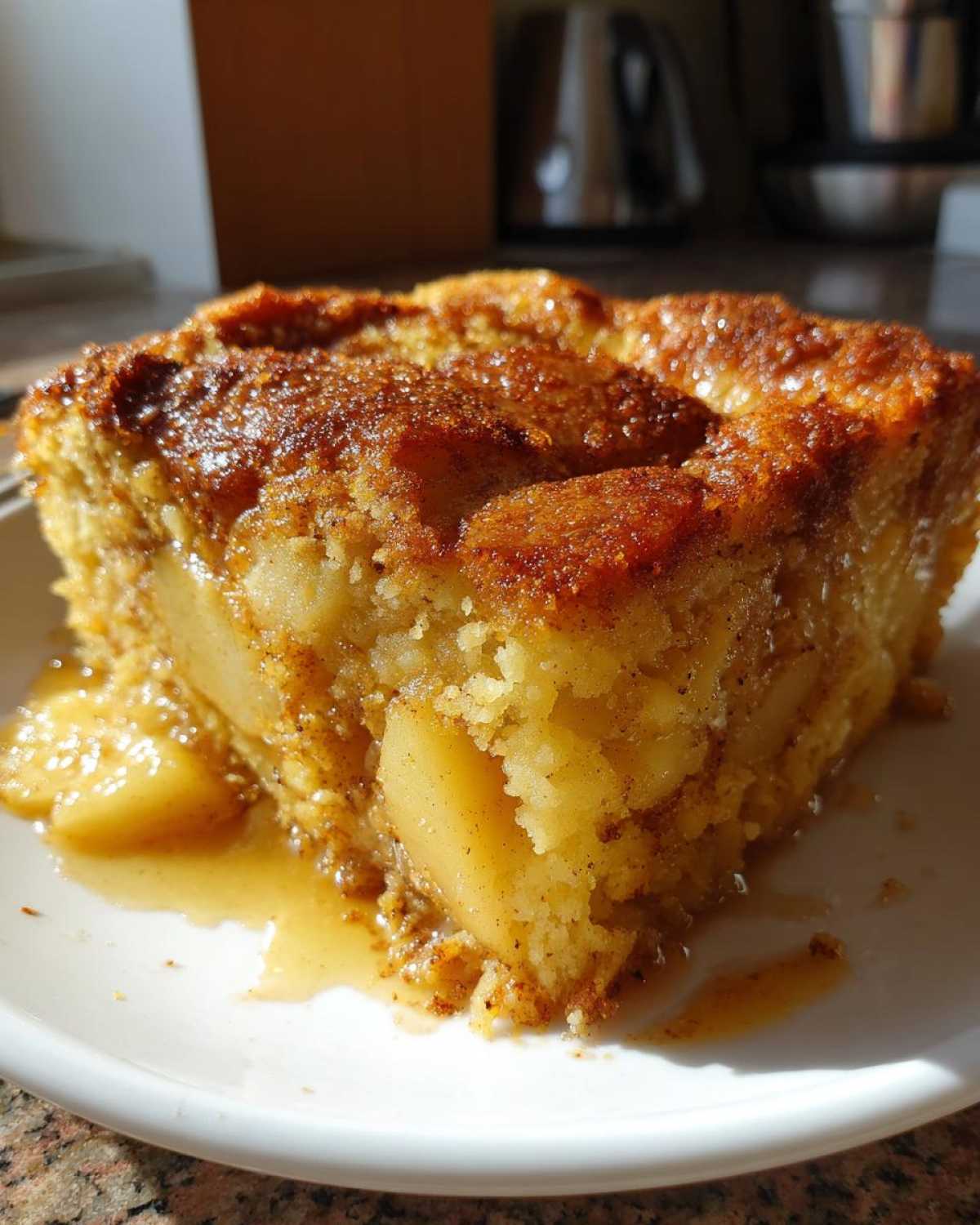A slice of apple pie dump cake crock pot on a white plate, showcasing the apple filling and cake topping.
