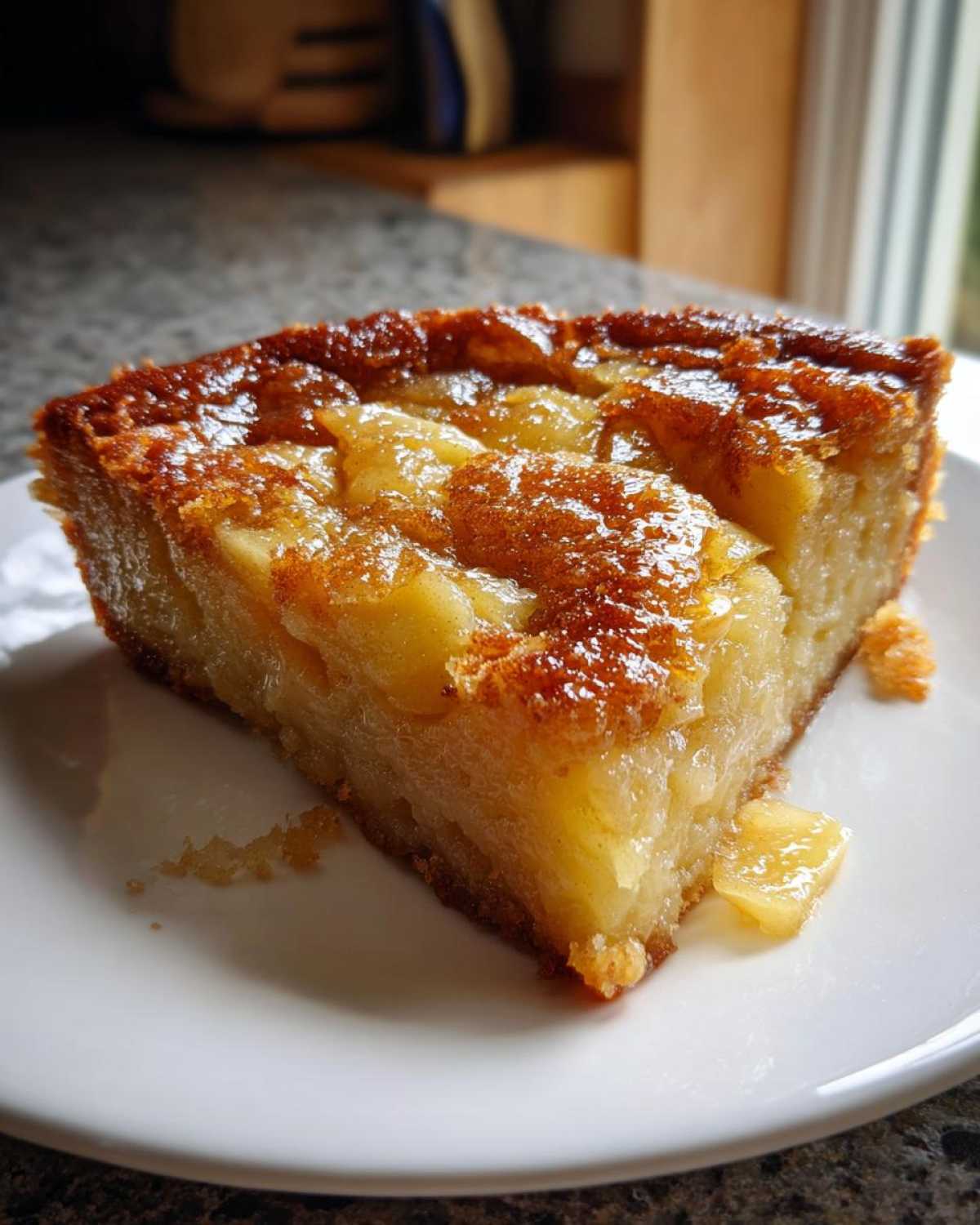 A slice of apple pie dump cake crock pot dessert on a white plate, showcasing the apple filling and golden crust.