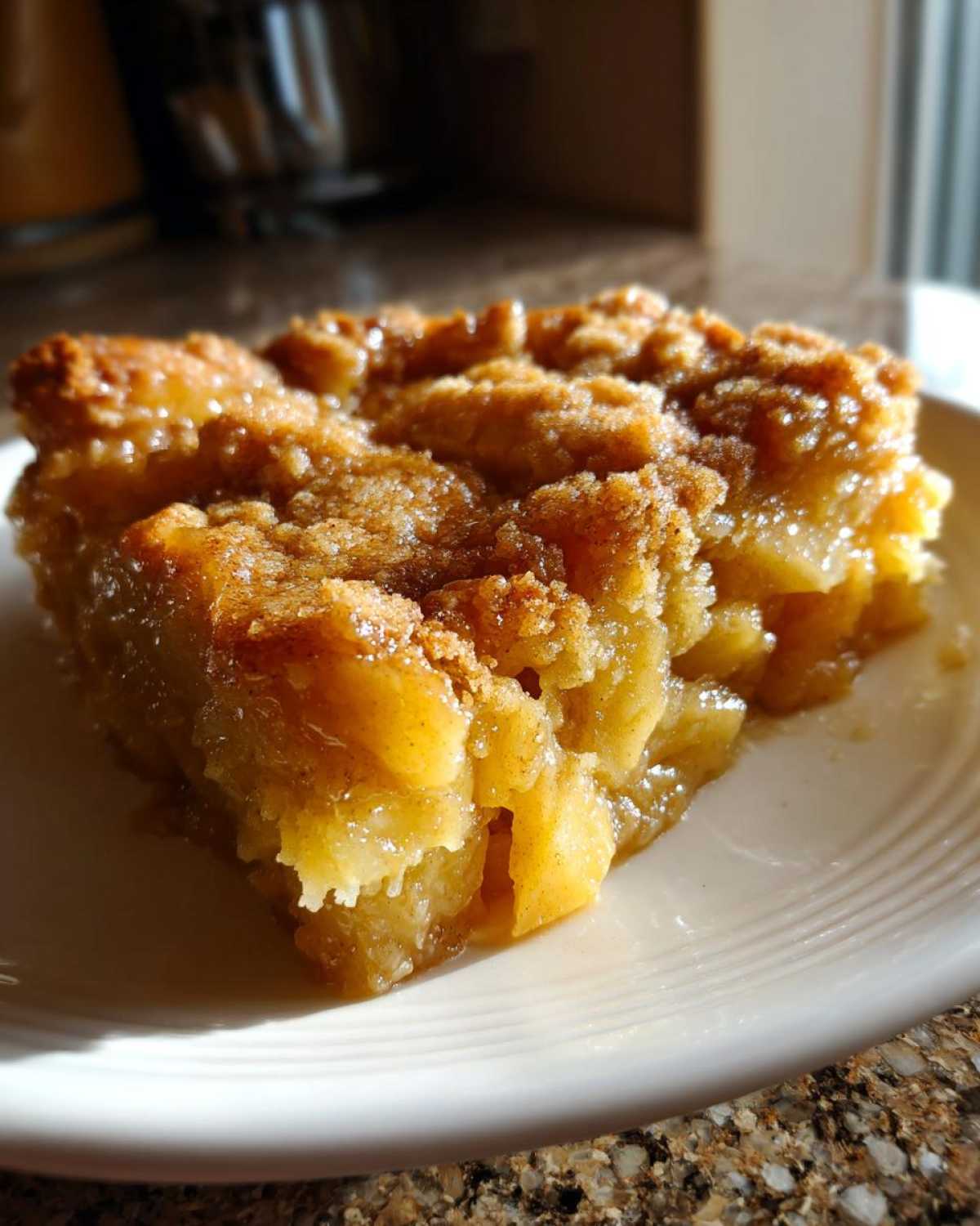 A slice of apple pie dump cake crock pot dessert on a white plate, showcasing its golden-brown topping and apple filling.