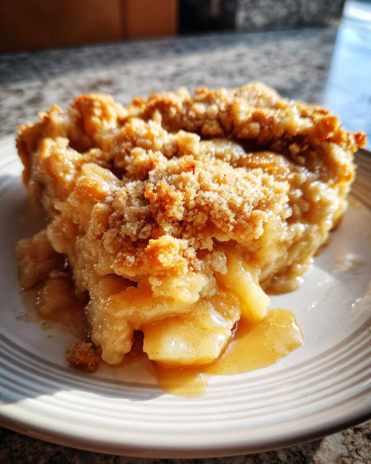 A slice of apple pie dump cake crock pot dessert, with a golden crust and apple filling.