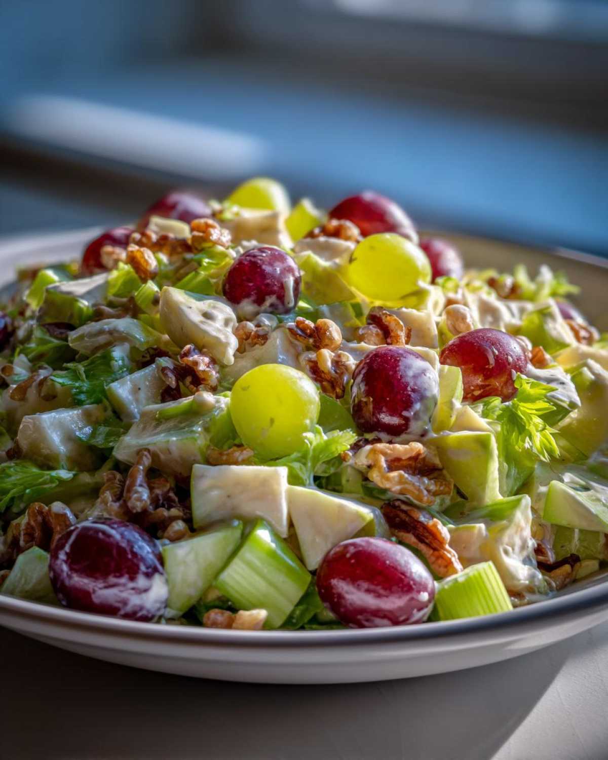 A vibrant apple salad featuring crisp apples, green and red grapes, celery, walnuts, and a creamy dressing.