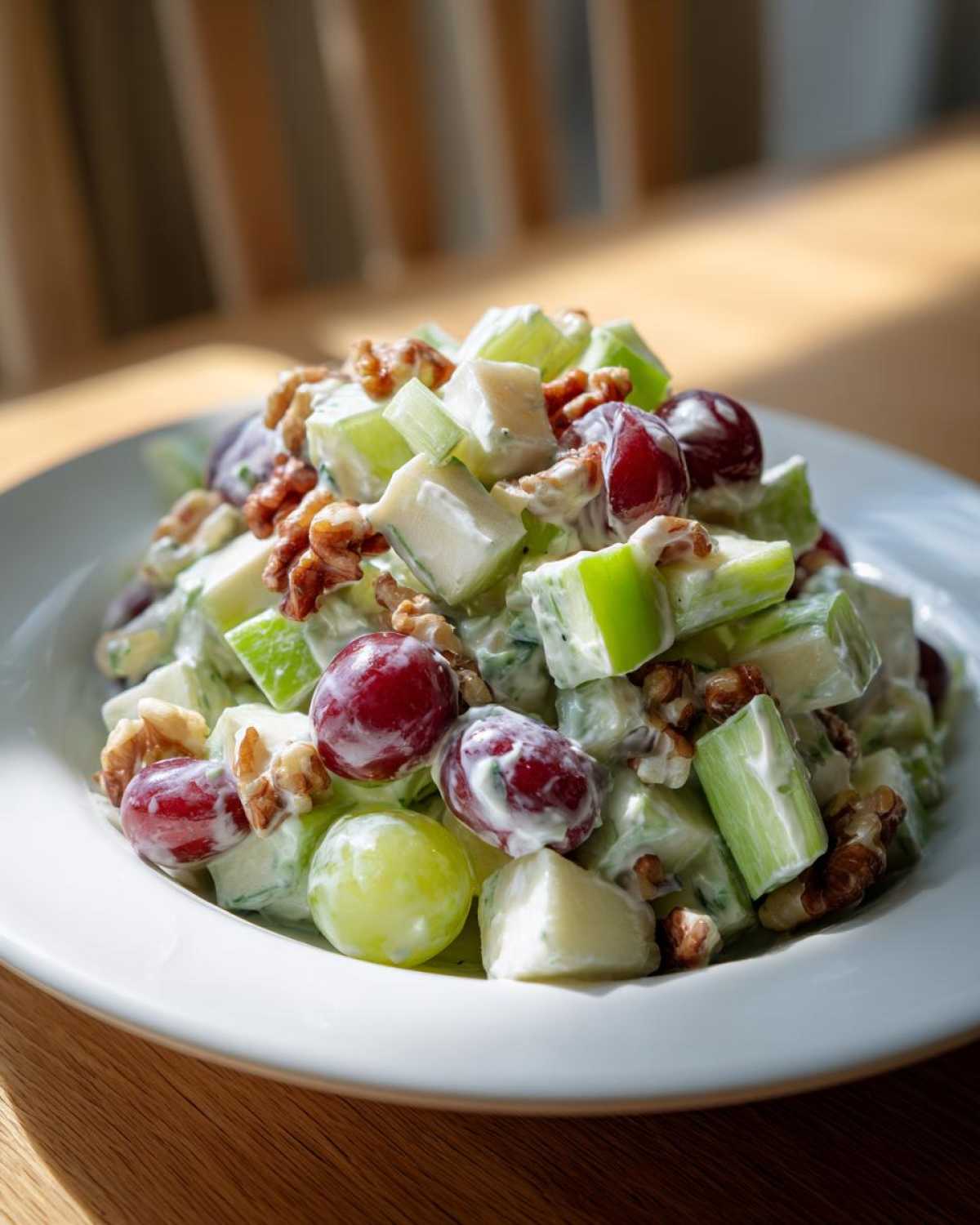 A vibrant bowl of apple salad featuring green apples, red and green grapes, celery, walnuts, and a creamy dressing.
