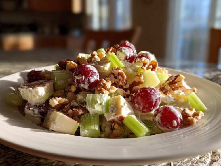 A vibrant apple salad featuring crisp apples, red grapes, celery, walnuts, and a creamy dressing.
