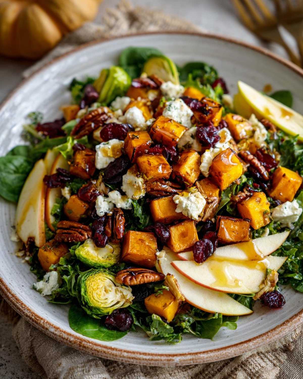 A vibrant autumn salad featuring roasted butternut squash, apples, cranberries, pecans, and blue cheese.