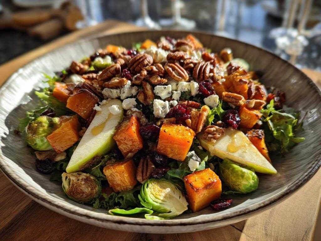 A vibrant autumn salad featuring roasted butternut squash, pears, pecans, cranberries, and blue cheese on a bed of greens.