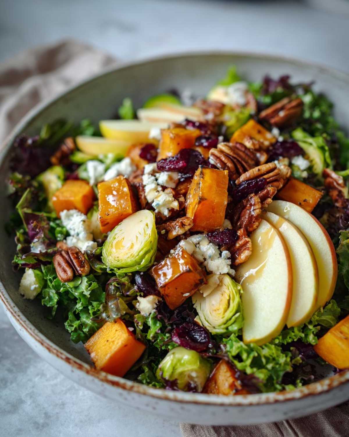 Close-up of a vibrant autumn salad with roasted butternut squash, apples, pecans, cranberries, and blue cheese.