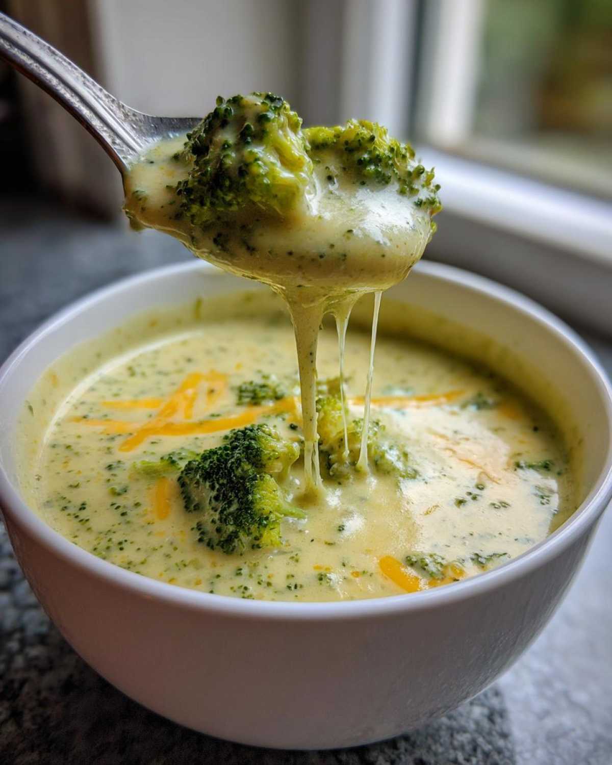 A spoonful of creamy broccoli cheddar soup being lifted from a white bowl, showing the cheesy texture.