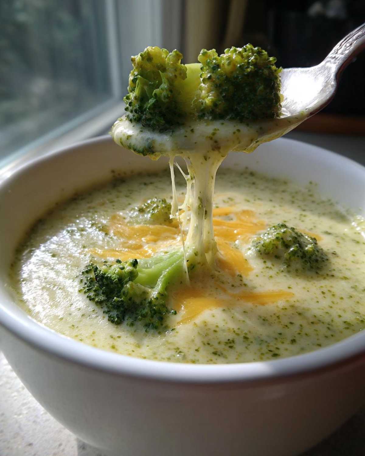 A spoonful of broccoli cheddar soup with a cheese pull, showcasing the creamy texture and broccoli florets.