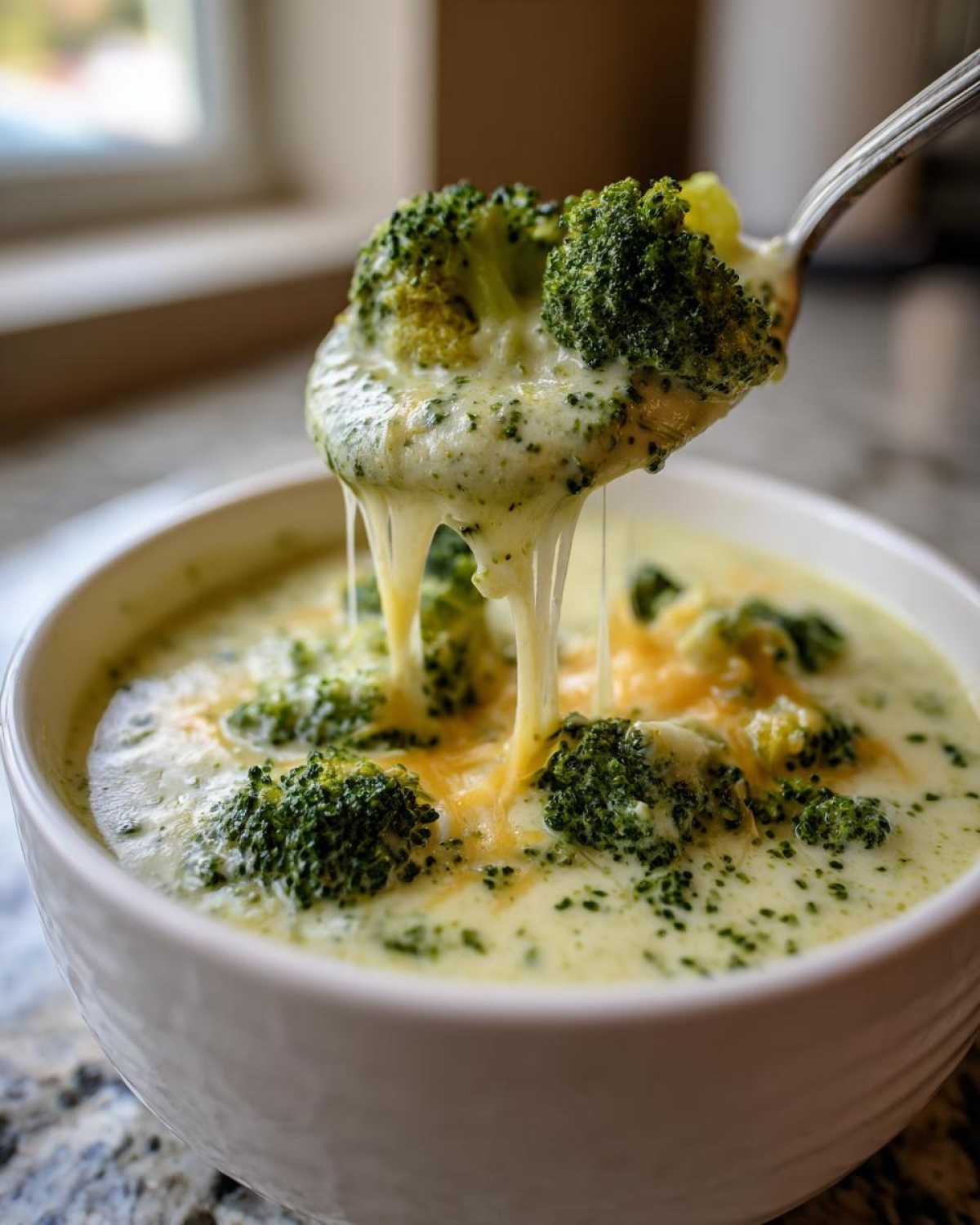 A spoonful of creamy broccoli cheddar soup with melted cheese dripping from the broccoli.