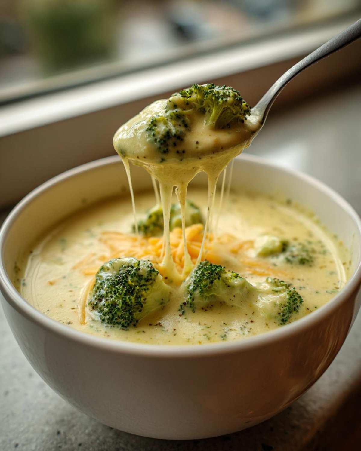 Spoon lifting creamy broccoli cheddar soup, with melted cheese strands, from a white bowl.