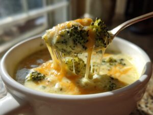 A spoonful of creamy broccoli cheddar soup being lifted from a white bowl, showing melted cheese.