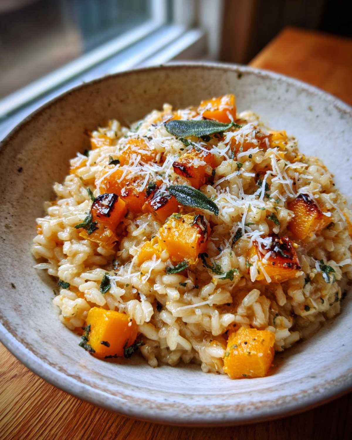A close-up of creamy butternut squash risotto topped with roasted butternut squash cubes, fresh sage leaves, and grated Parmesan cheese.