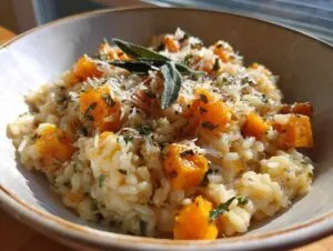 A close-up of creamy butternut squash risotto, topped with diced butternut squash, fresh sage, and grated Parmesan cheese.