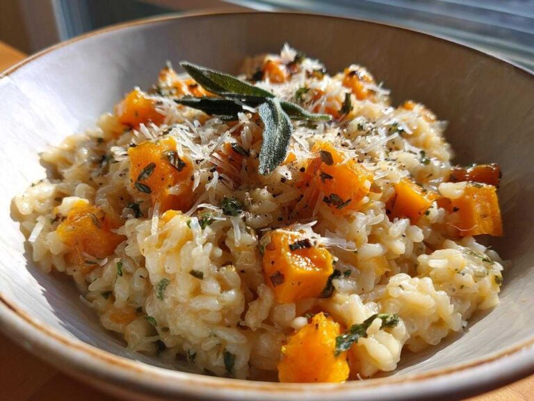 A close-up of creamy butternut squash risotto, topped with diced butternut squash, fresh sage, and grated Parmesan cheese.