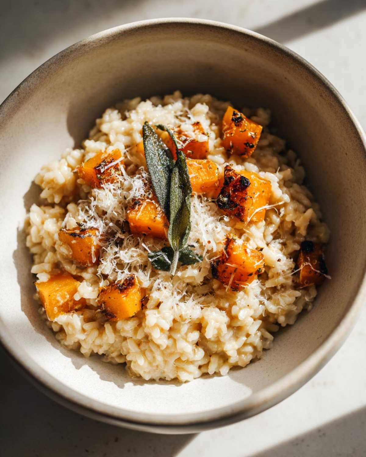 A close-up of creamy butternut squash risotto topped with roasted butternut squash cubes and fresh sage.