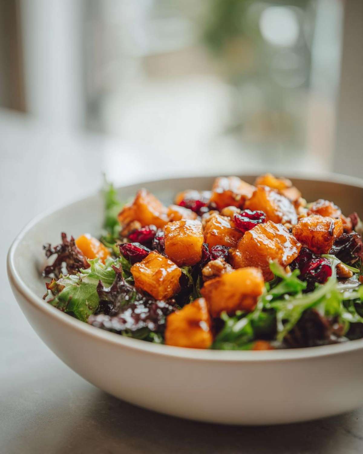 A close-up of a butternut squash salad featuring roasted butternut squash cubes, dried cranberries, and walnuts on a bed of mixed greens.