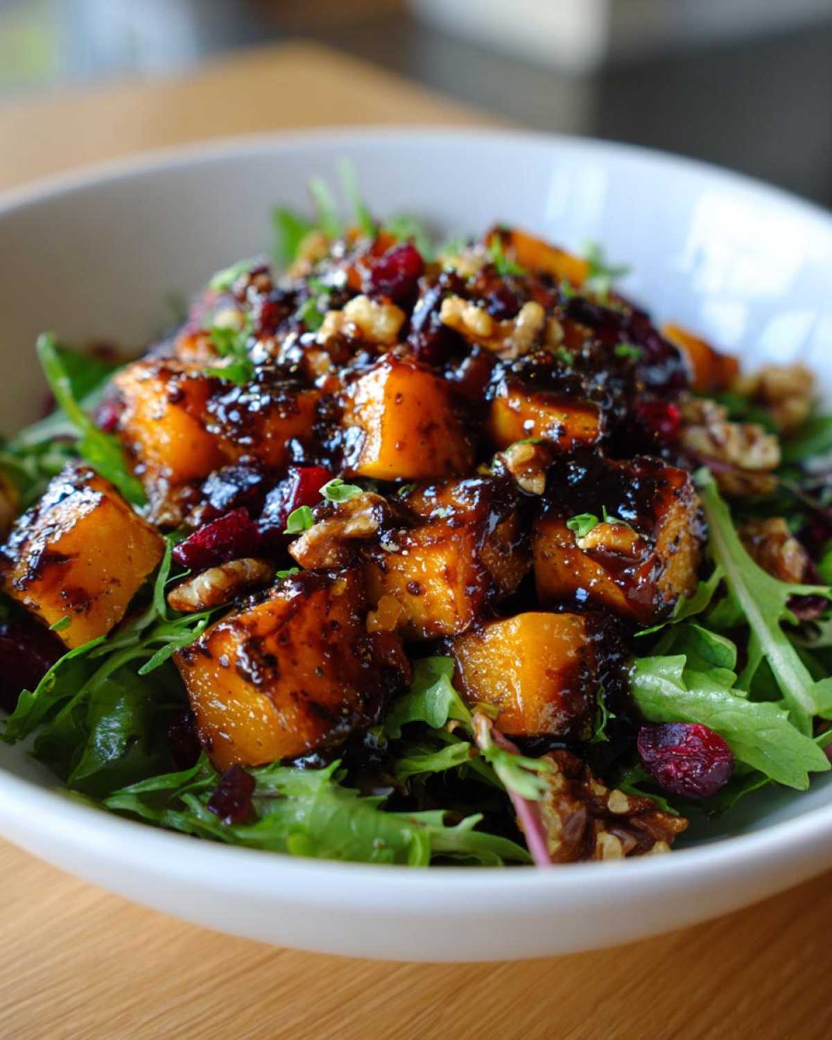 A close-up of a butternut squash salad featuring roasted butternut squash cubes, dried cranberries, walnuts, and mixed greens, drizzled with a dark glaze.