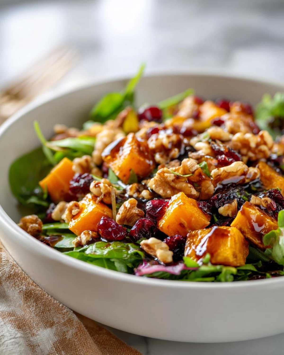 A close-up of a vibrant butternut squash salad with walnuts, dried cranberries, and a balsamic glaze.