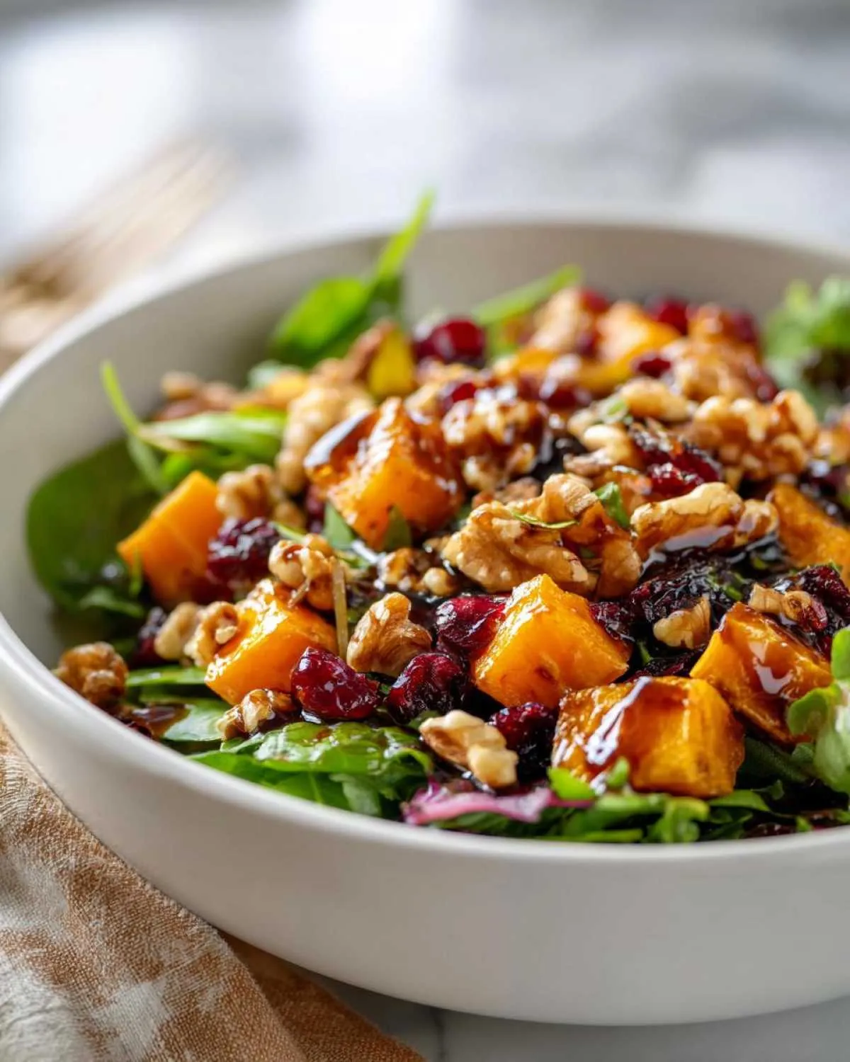 A close-up of a vibrant butternut squash salad with walnuts, dried cranberries, and a balsamic glaze.