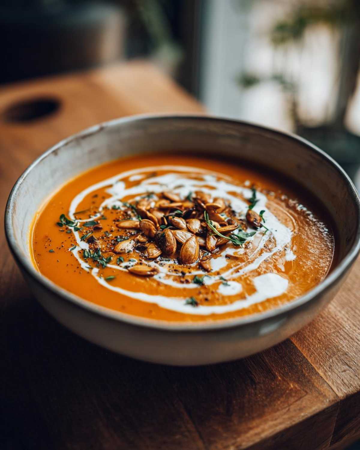 A bowl of creamy butternut squash soup topped with cream, seeds, and herbs.
