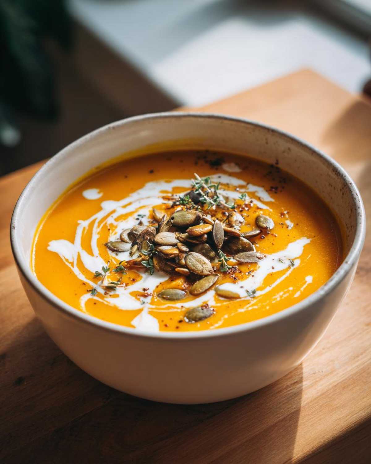 A bowl of creamy butternut squash soup topped with cream, pumpkin seeds, and herbs.