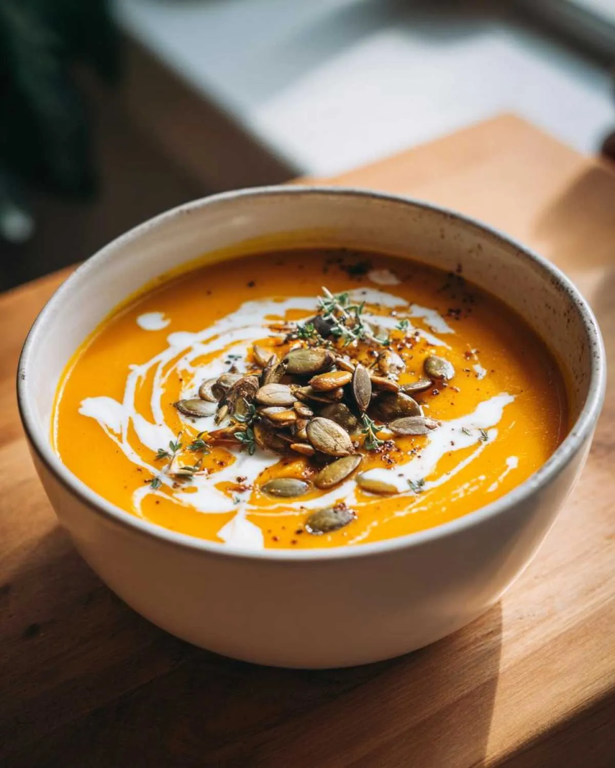 A bowl of creamy butternut squash soup topped with cream, pumpkin seeds, and herbs.