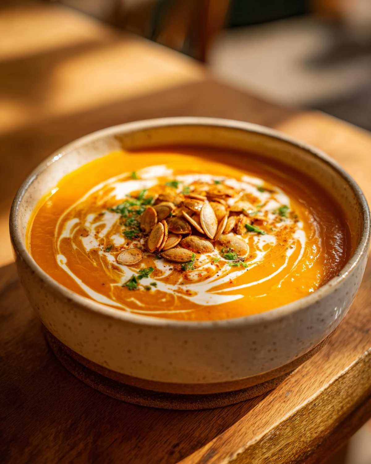 A bowl of creamy butternut squash soup, swirled with cream and topped with toasted seeds and herbs.