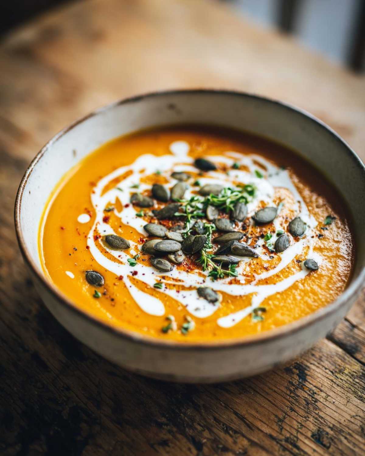 A bowl of creamy butternut squash soup, garnished with cream, pumpkin seeds, and herbs.