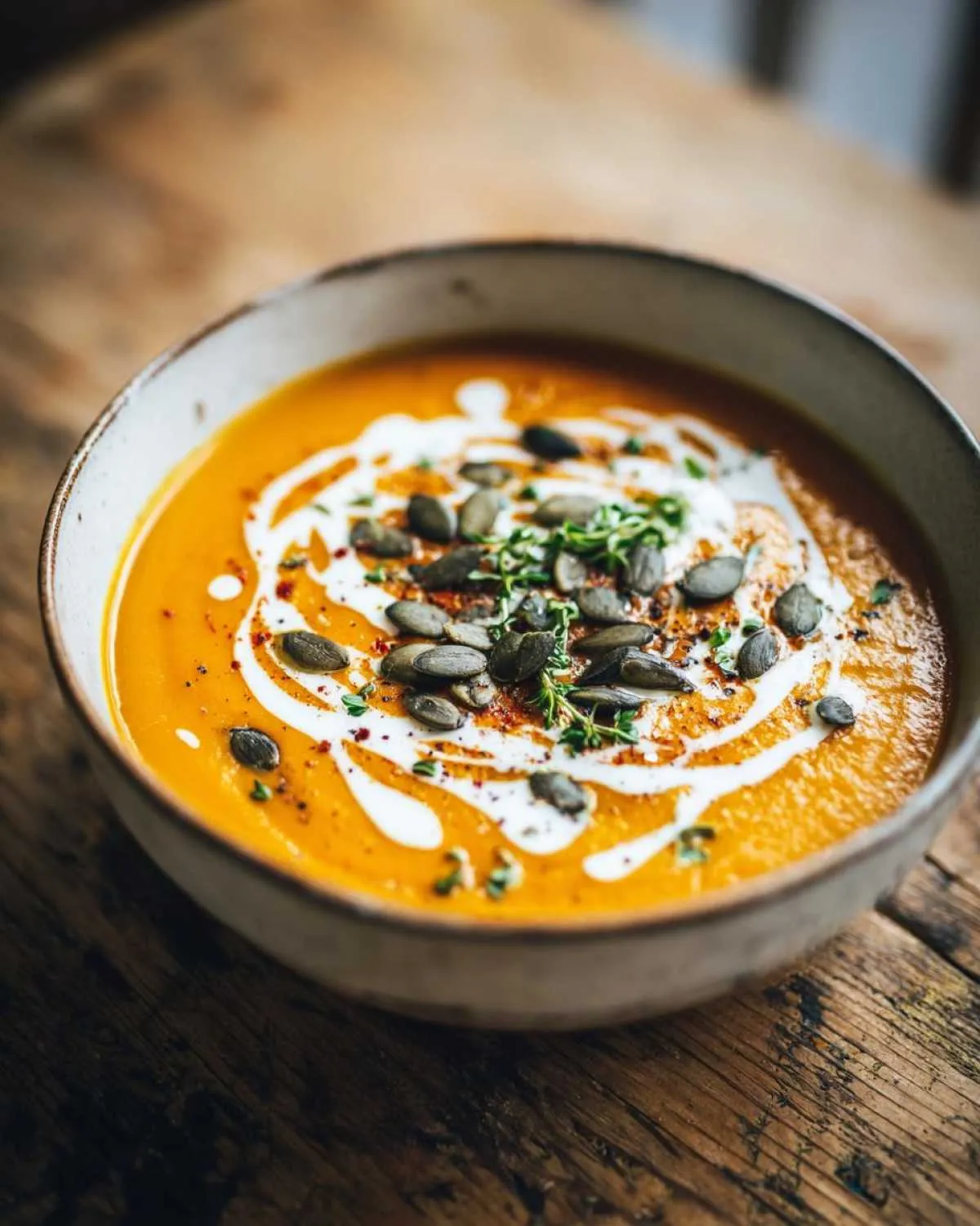 A bowl of creamy butternut squash soup, garnished with cream, pumpkin seeds, and herbs.
