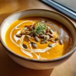 A bowl of creamy butternut squash soup, garnished with cream, seeds, and microgreens.