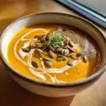 A bowl of creamy butternut squash soup, garnished with cream, seeds, and microgreens.