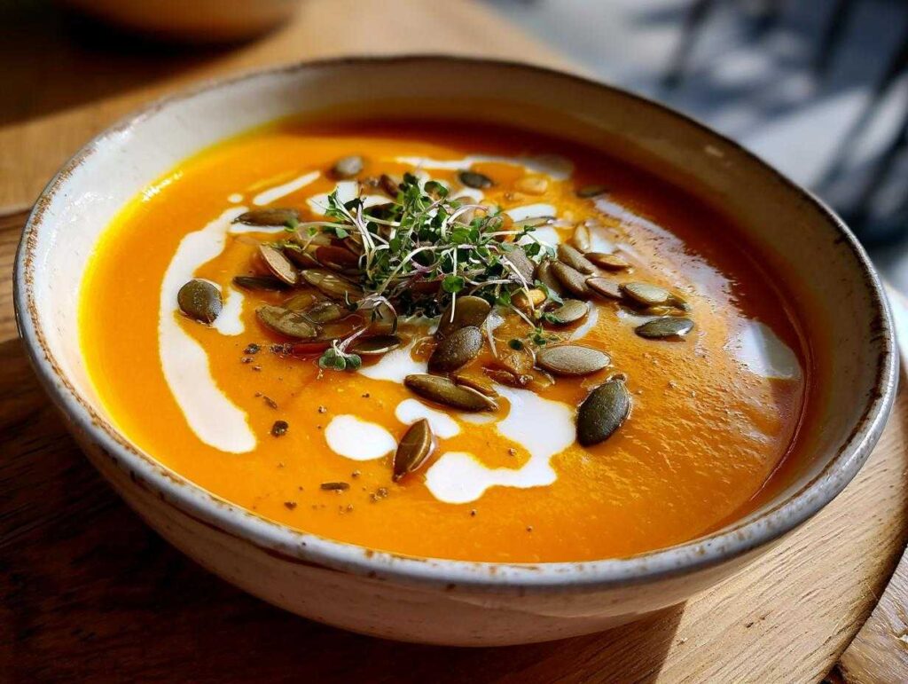 A bowl of creamy butternut squash soup topped with cream, seeds, and microgreens.