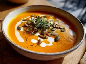 A bowl of creamy butternut squash soup topped with cream, seeds, and microgreens.
