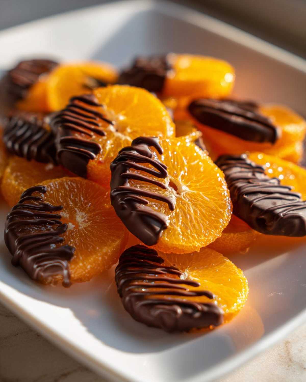 Close-up of bright orange slices, half-dipped in dark chocolate and drizzled, arranged on a white plate.