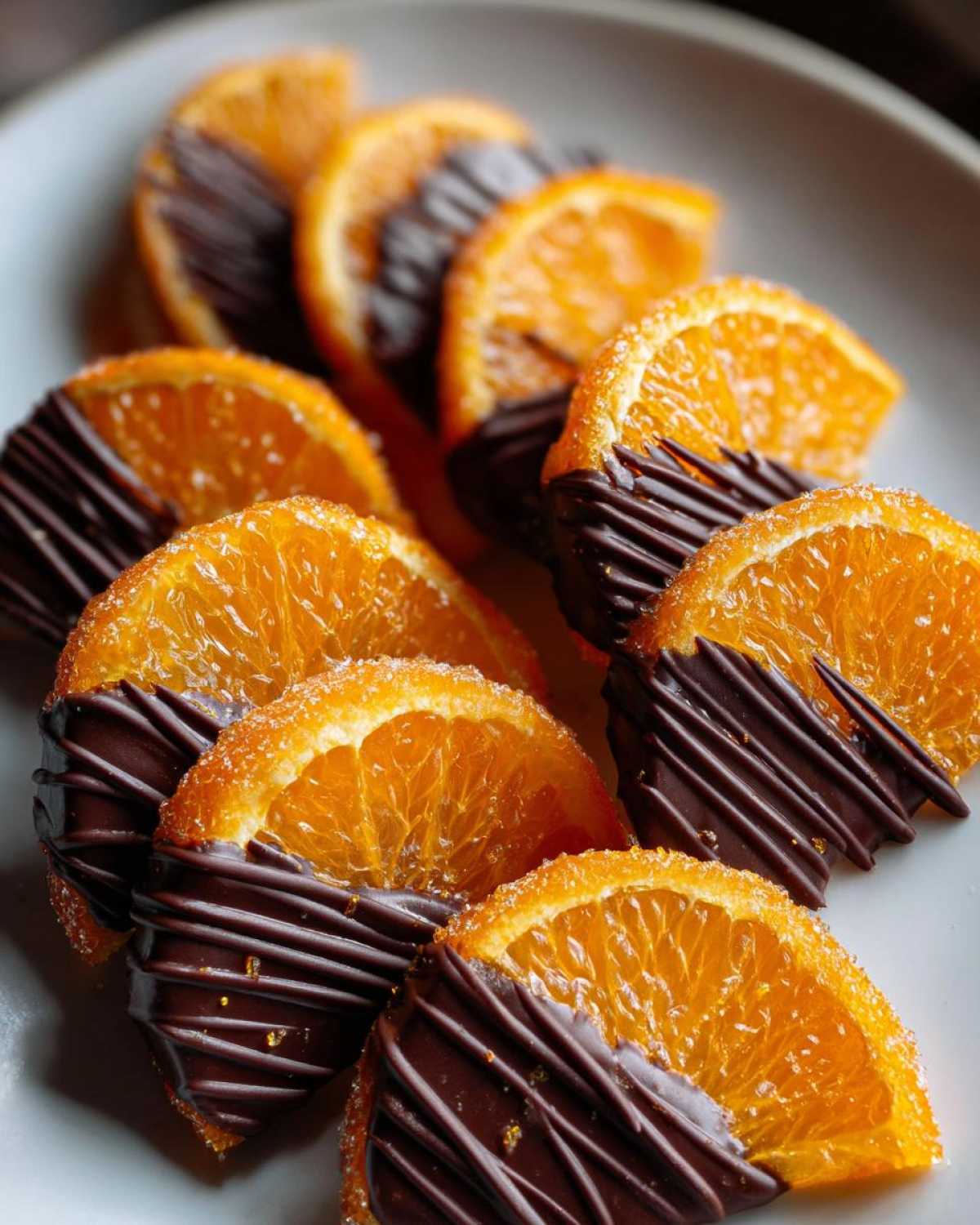 Close-up of candied orange slices dipped in dark chocolate and drizzled with more chocolate.