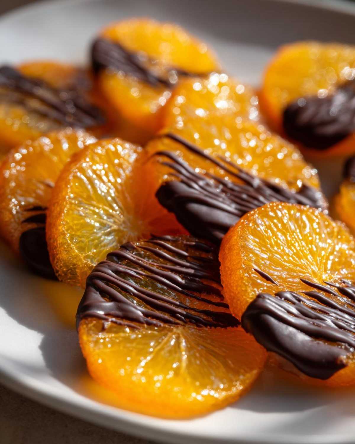 Close-up of glistening candied orange slices drizzled with dark chocolate on a white plate.
